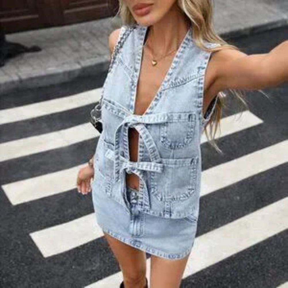 ZARA Blue Casual Women's Front Tie Pocket Vest And Denim Mini Skirt Set